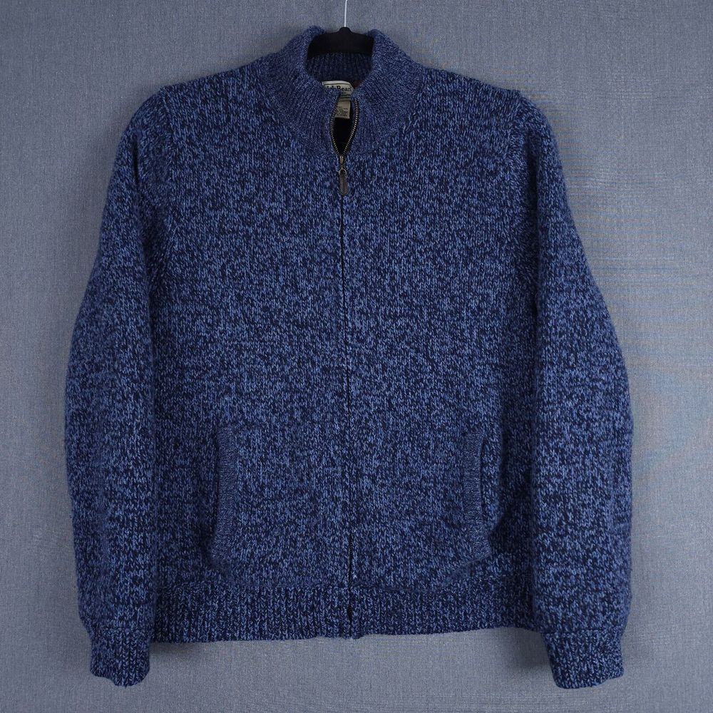 LL Bean Ragg Wool Sweater Mens Large Blue Marled Knit Flannel Lined Full Zip - Picture 2 of 7